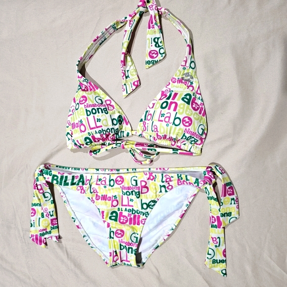 🆑️ BILLABONG Bright Neon Bikini | Triangle Top Halter Closure Side Tie S - Picture 8 of 16